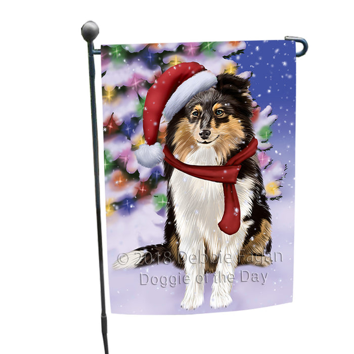 Winterland Wonderland Shetland Sheepdog In Christmas Holiday Scenic Background  Garden Flag GFLG53482