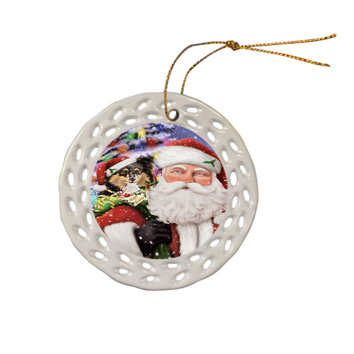 Santa Carrying Shetland Sheepdog and Christmas Presents Ceramic Doily Ornament DPOR54017
