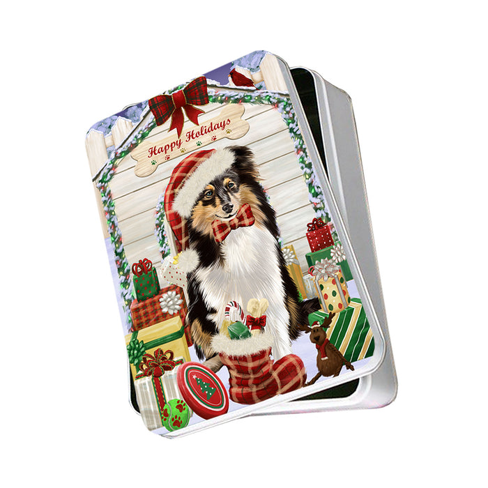 Happy Holidays Christmas Shetland Sheepdog House With Presents Photo Storage Tin PITN51502