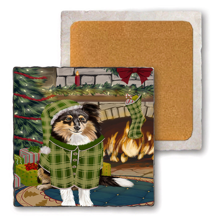 The Stocking was Hung Shetland Sheepdog Set of 4 Natural Stone Marble Tile Coasters MCST50612