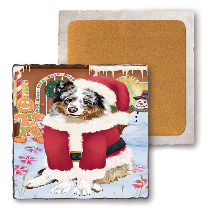 Christmas Gingerbread House Candyfest Shetland Sheepdog Set of 4 Natural Stone Marble Tile Coasters MCST51546