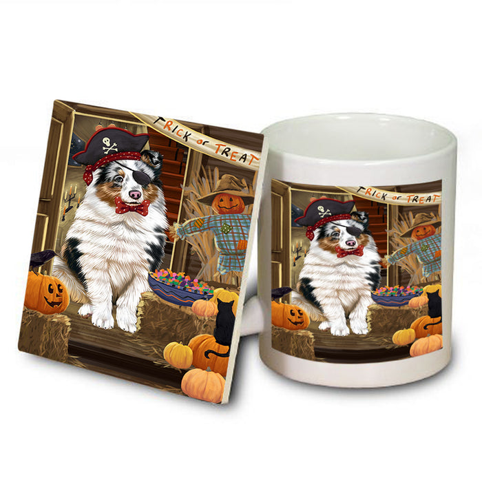Enter at Own Risk Trick or Treat Halloween Shetland Sheepdog Mug and Coaster Set MUC53273