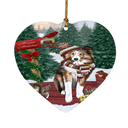Merry Christmas Woodland Sled Shetland Sheepdog Heart Christmas Ornament HPOR55389