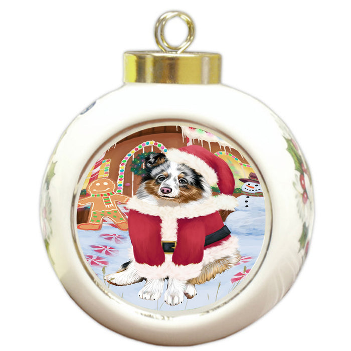 Christmas Gingerbread House Candyfest Shetland Sheepdog Round Ball Christmas Ornament RBPOR56902