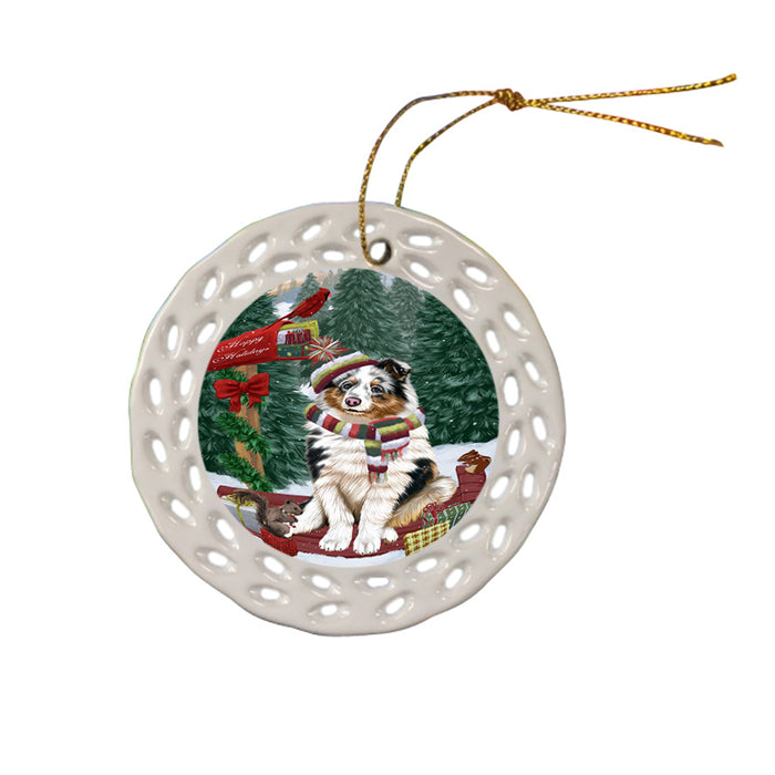 Merry Christmas Woodland Sled Shetland Sheepdog Ceramic Doily Ornament DPOR55390