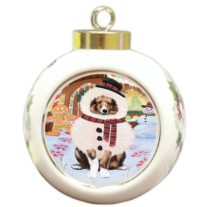 Christmas Gingerbread House Candyfest Shetland Sheepdog Round Ball Christmas Ornament RBPOR56903