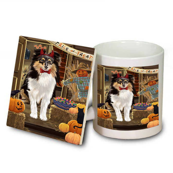 Enter at Own Risk Trick or Treat Halloween Shetland Sheepdog Mug and Coaster Set MUC53274