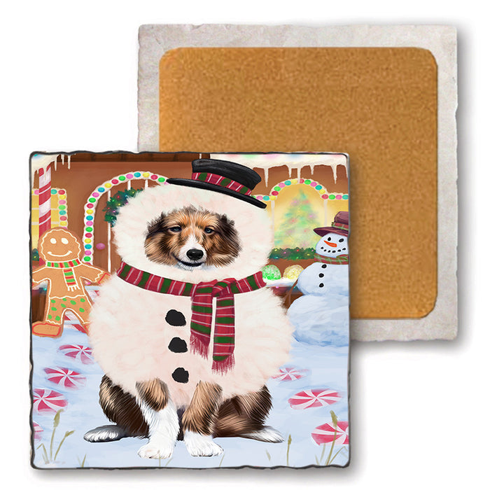 Christmas Gingerbread House Candyfest Shetland Sheepdog Set of 4 Natural Stone Marble Tile Coasters MCST51547