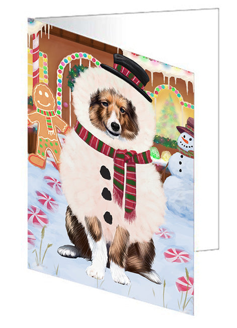 Christmas Gingerbread House Candyfest Shetland Sheepdog Handmade Artwork Assorted Pets Greeting Cards and Note Cards with Envelopes for All Occasions and Holiday Seasons GCD74156