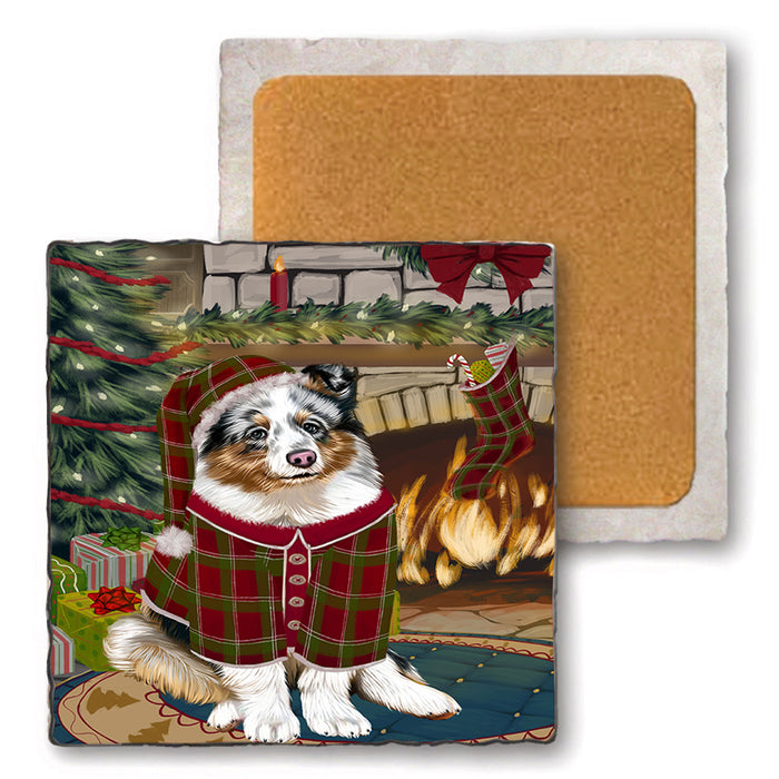 The Stocking was Hung Shetland Sheepdog Set of 4 Natural Stone Marble Tile Coasters MCST50613