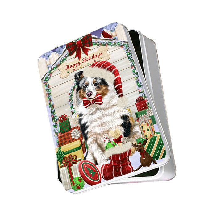 Happy Holidays Christmas Shetland Sheepdog House With Presents Photo Storage Tin PITN51503