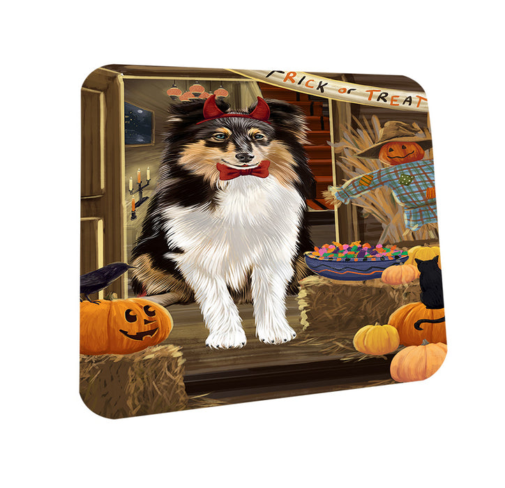 Enter at Own Risk Trick or Treat Halloween Shetland Sheepdog Coasters Set of 4 CST53240