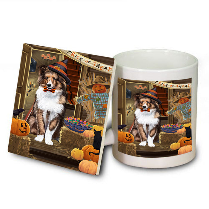 Enter at Own Risk Trick or Treat Halloween Shetland Sheepdog Mug and Coaster Set MUC53275