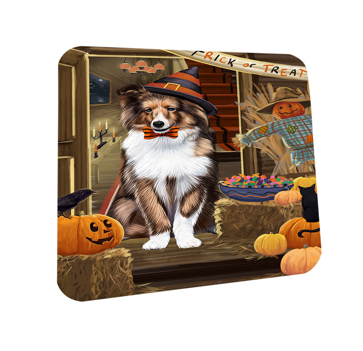 Enter at Own Risk Trick or Treat Halloween Shetland Sheepdog Coasters Set of 4 CST53241