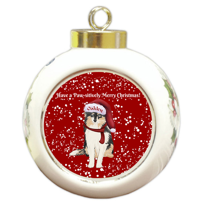 Custom Personalized Pawsitively Shetland Sheepdog Merry Christmas Round Ball Ornament