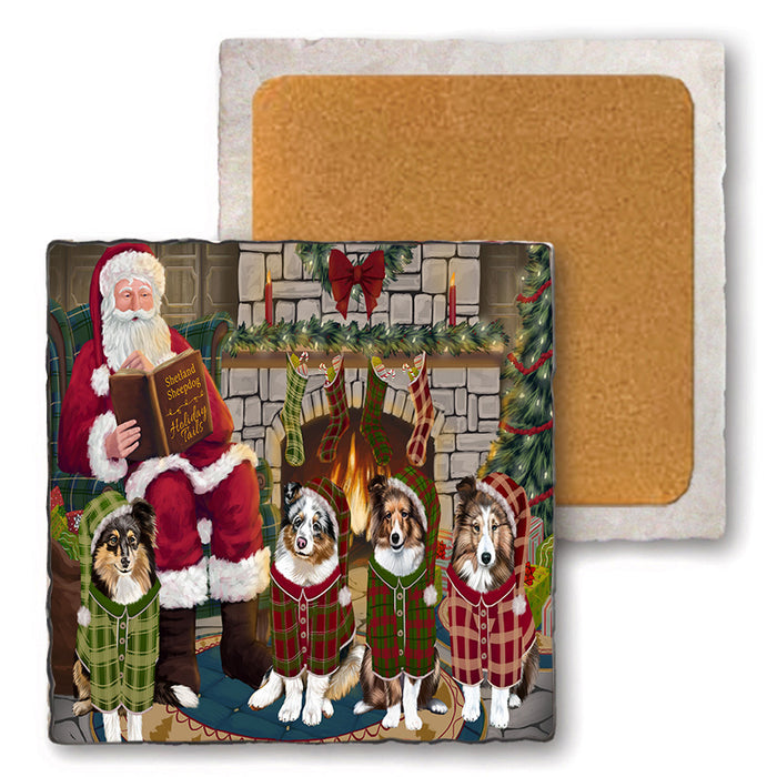 Christmas Cozy Holiday Tails Shetland Sheepdogs Set of 4 Natural Stone Marble Tile Coasters MCST50388