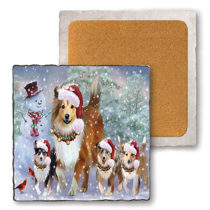 Christmas Running Family Shetland Sheepdogs Set of 4 Natural Stone Marble Tile Coasters MCST52137