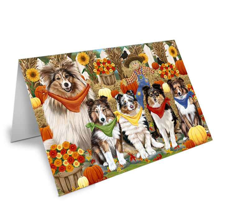 Fall Festive Gathering Shetland Sheepdogs with Pumpkins Handmade Artwork Assorted Pets Greeting Cards and Note Cards with Envelopes for All Occasions and Holiday Seasons GCD56441