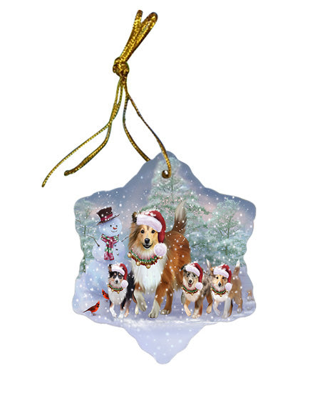 Christmas Running Family Shetland Sheepdogs Star Porcelain Ornament SPOR57423