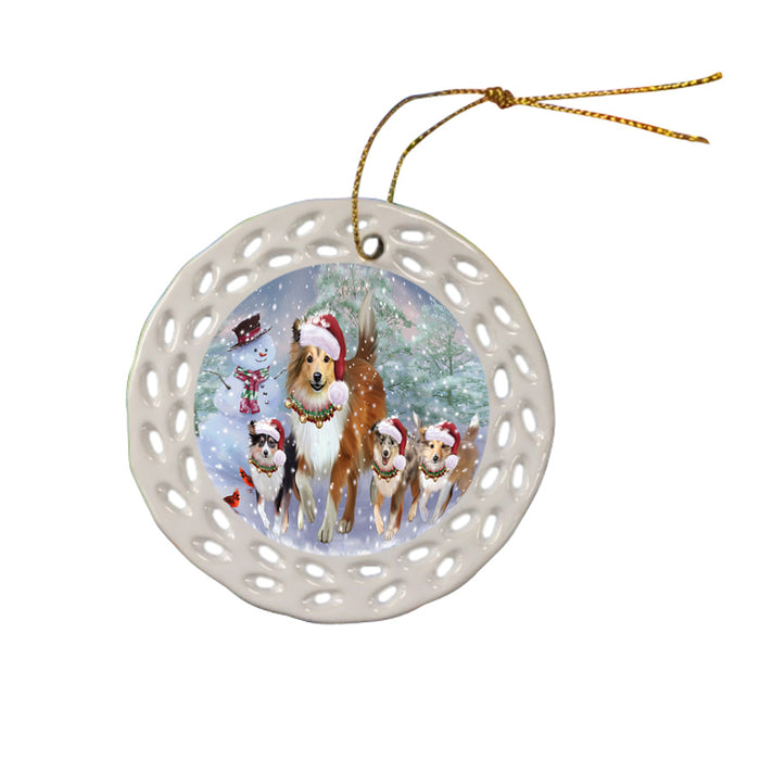 Christmas Running Family Shetland Sheepdogs Ceramic Doily Ornament DPOR57423