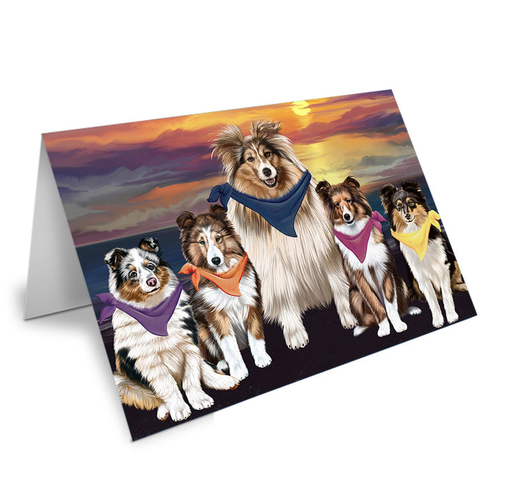 Family Sunset Portrait Shetland Sheepdogs Dog Handmade Artwork Assorted Pets Greeting Cards and Note Cards with Envelopes for All Occasions and Holiday Seasons GCD54869