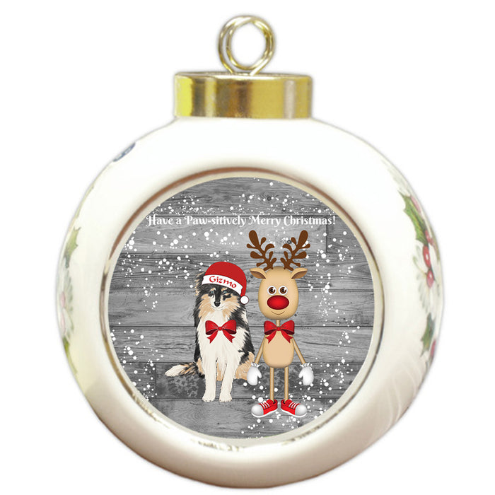 Custom Personalized Shetland Sheepdog Reindeer and Pooch Christmas Round Ball Ornament