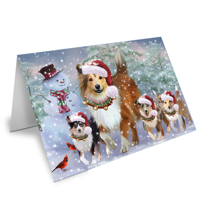 Christmas Running Family Shetland Sheepdogs Handmade Artwork Assorted Pets Greeting Cards and Note Cards with Envelopes for All Occasions and Holiday Seasons GCD75305