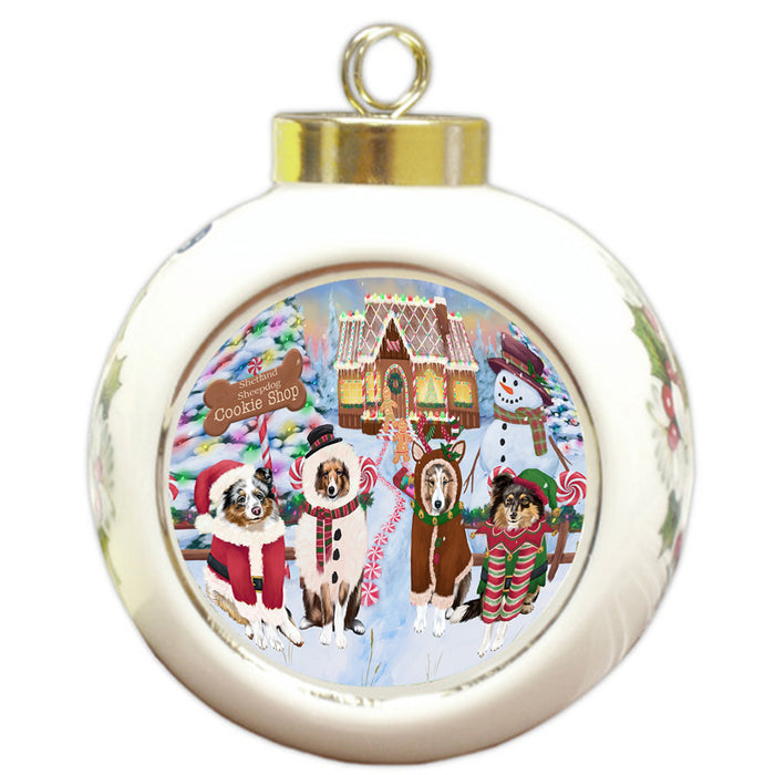 Holiday Gingerbread Cookie Shop Shetland Sheepdogs Round Ball Christmas Ornament RBPOR56975
