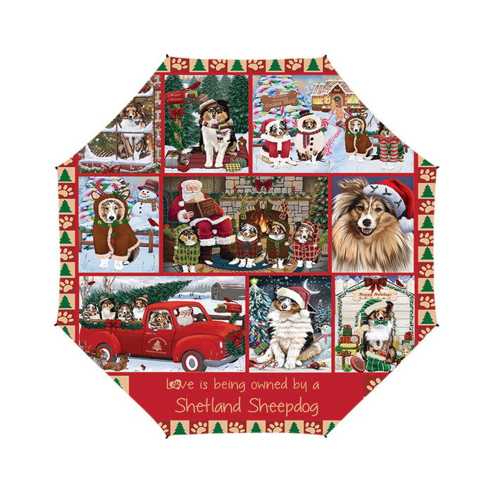 Love is Being Owned Christmas Shetland Sheepdogs Semi-Automatic Foldable Umbrella