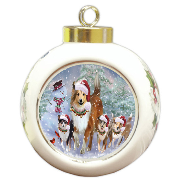 Christmas Running Family Shetland Sheepdogs Round Ball Christmas Ornament RBPOR58264