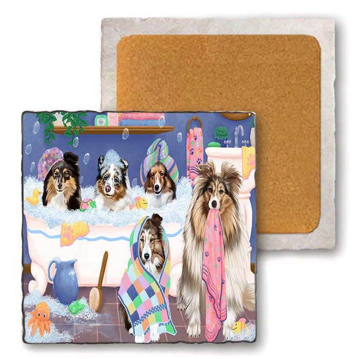 Rub A Dub Dogs In A Tub Shetland Sheepdogs Set of 4 Natural Stone Marble Tile Coasters MCST51822