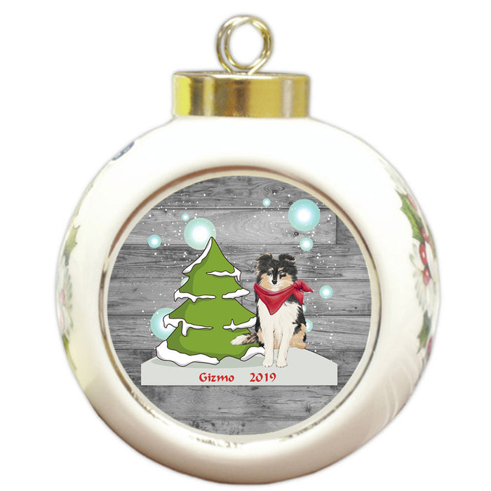 Custom Personalized Winter Scenic Tree and Presents Shetland Sheepdog Christmas Round Ball Ornament