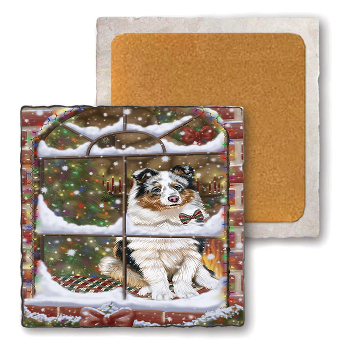 Please Come Home For Christmas Shetland Sheepdog Sitting In Window Set of 4 Natural Stone Marble Tile Coasters MCST48947