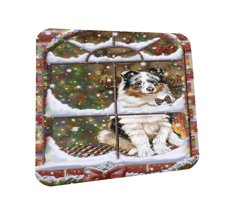Please Come Home For Christmas Shetland Sheepdog Sitting In Window Coasters Set of 4 CST53905