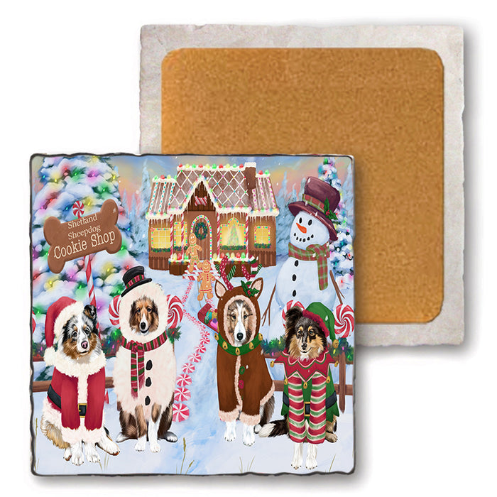 Holiday Gingerbread Cookie Shop Shetland Sheepdogs Set of 4 Natural Stone Marble Tile Coasters MCST51619