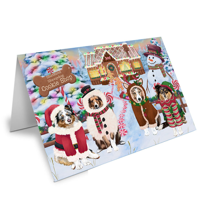 Holiday Gingerbread Cookie Shop Shetland Sheepdogs Handmade Artwork Assorted Pets Greeting Cards and Note Cards with Envelopes for All Occasions and Holiday Seasons GCD74372