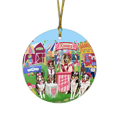 Carnival Kissing Booth Shetland Sheepdogs Round Flat Christmas Ornament RFPOR56281