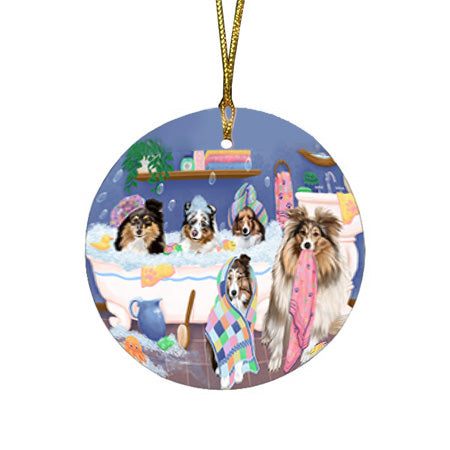 Rub A Dub Dogs In A Tub Shetland Sheepdogs Round Flat Christmas Ornament RFPOR57178