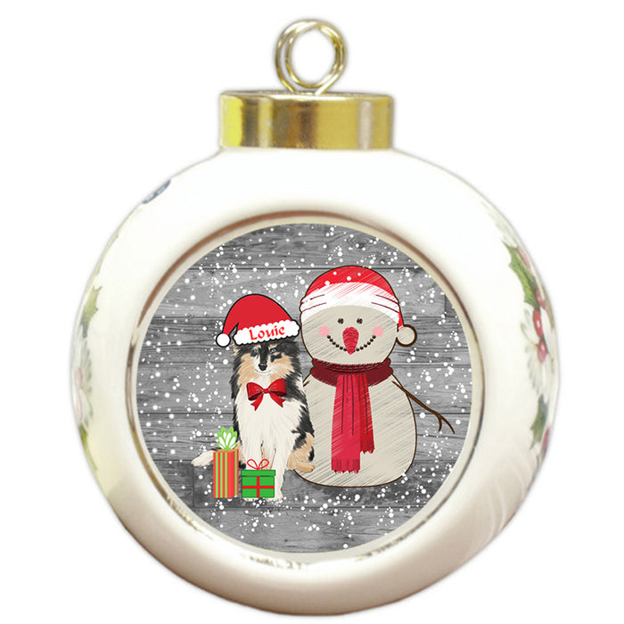 Custom Personalized Snowy Snowman and Shetland Sheepdog Christmas Round Ball Ornament