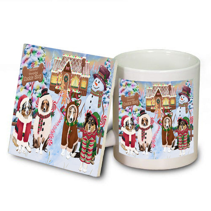 Holiday Gingerbread Cookie Shop Shetland Sheepdogs Mug and Coaster Set MUC56611