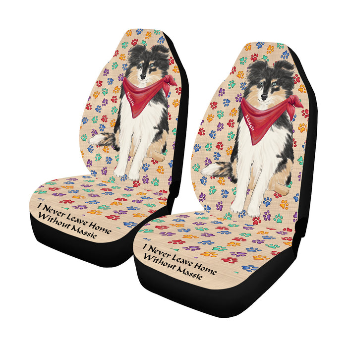 Personalized I Never Leave Home Paw Print Shetland Sheepdogs Pet Front Car Seat Cover (Set of 2)