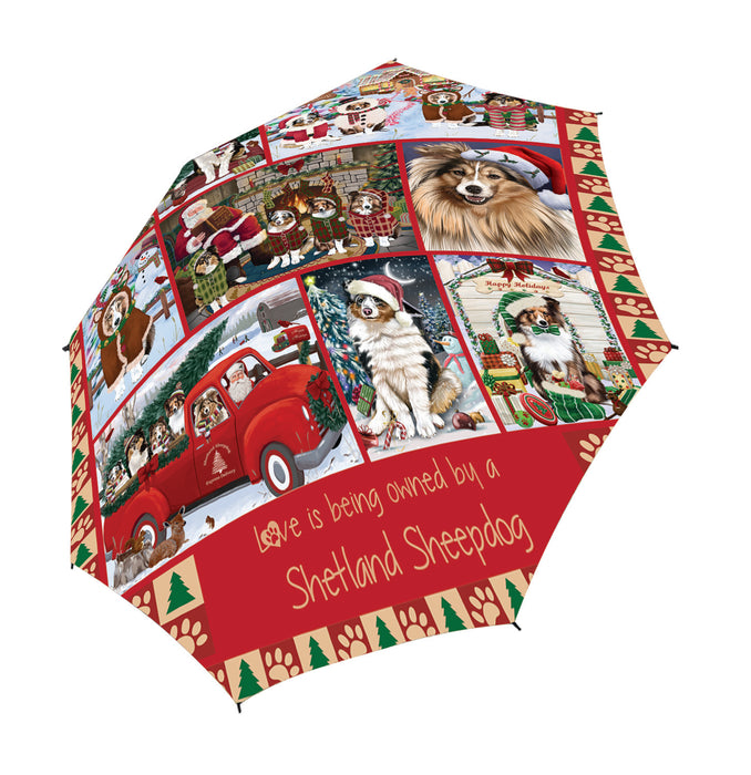Love is Being Owned Christmas Shetland Sheepdogs Semi-Automatic Foldable Umbrella