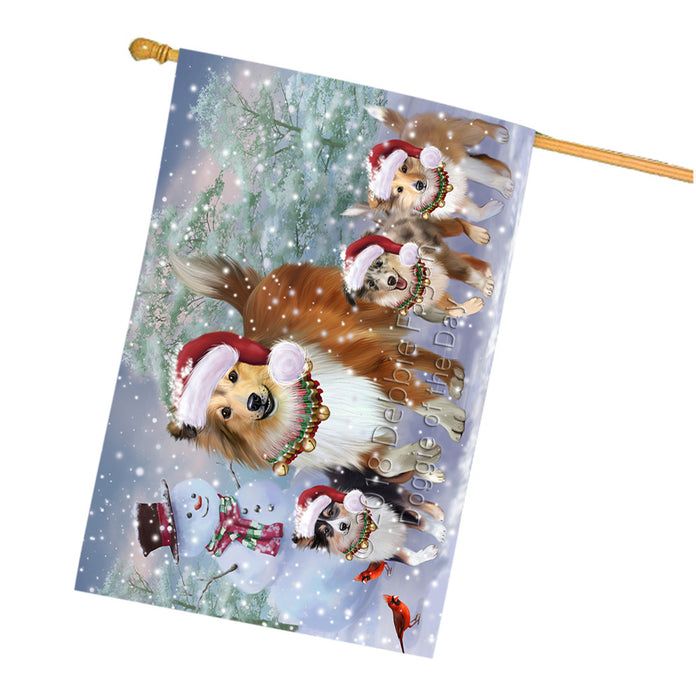 Christmas Running Family Shetland Sheepdogs House Flag FLG65161