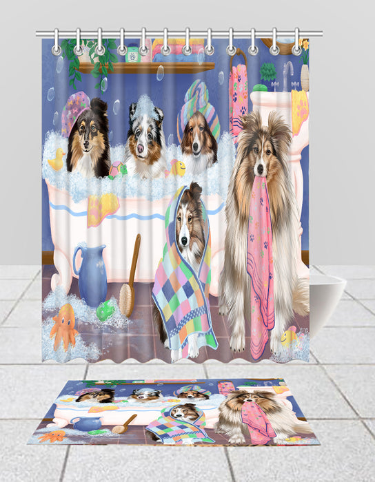 Rub A Dub Dogs In A Tub Shetland Sheepdogs Bath Mat and Shower Curtain Combo