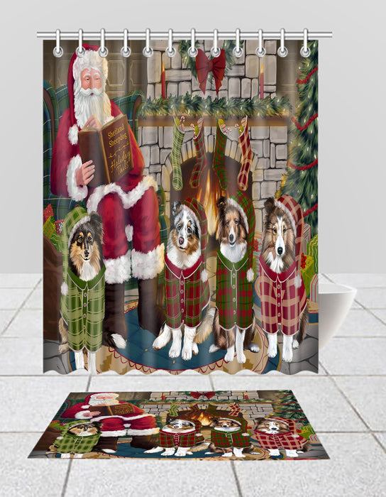 Christmas Cozy Holiday Fire Tails Shetland SheepDogs Bath Mat and Shower Curtain Combo
