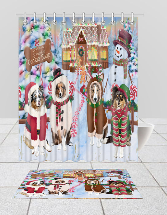 Holiday Gingerbread Cookie Shetland SheepDogs  Bath Mat and Shower Curtain Combo