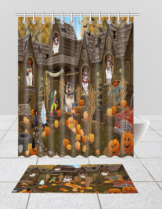 Haunted House Halloween Trick or Treat Shetland SheepDogs  Bath Mat and Shower Curtain Combo