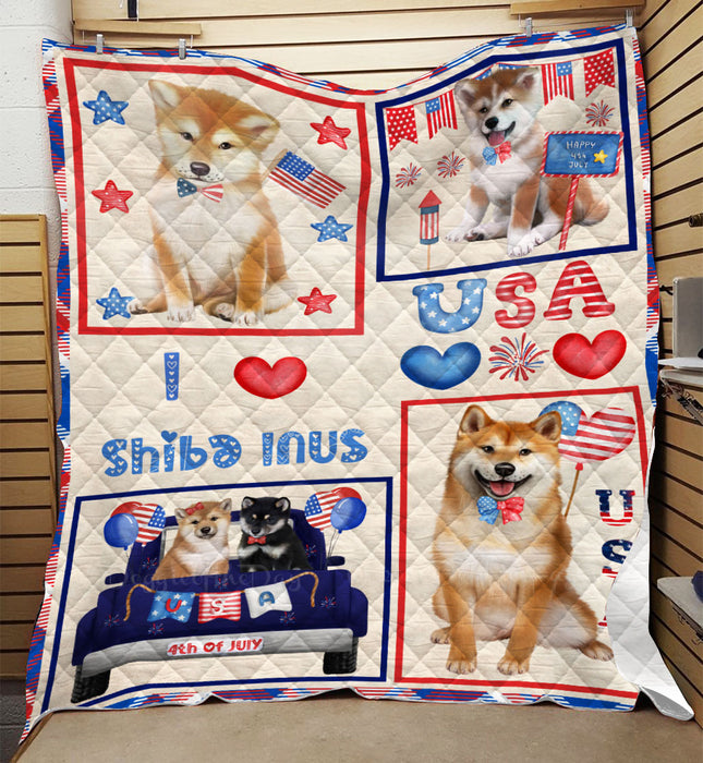 4th of July Independence Day I Love USA Shiba Inu Dogs Quilt Bed Coverlet Bedspread - Pets Comforter Unique One-side Animal Printing - Soft Lightweight Durable Washable Polyester Quilt