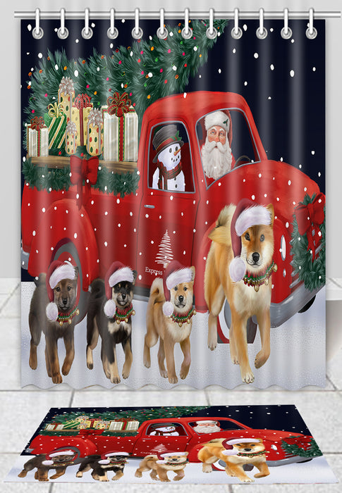 Christmas Express Delivery Red Truck Running Shiba Inu Dogs Bath Mat and Shower Curtain Combo