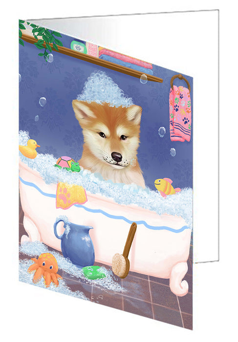 Rub A Dub Dog In A Tub Shiba Inu Dog Handmade Artwork Assorted Pets Greeting Cards and Note Cards with Envelopes for All Occasions and Holiday Seasons GCD79652